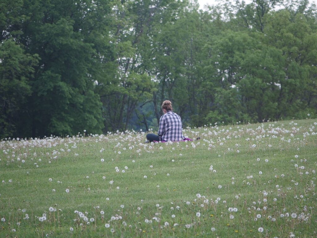 A woman sits contemplatively in a field. 